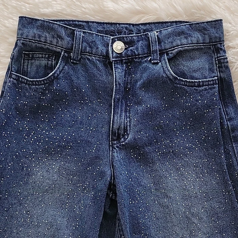 Justice Sparkle Rhinestone Wide Leg Dark Wash Girls Jeans Size 12 Slim